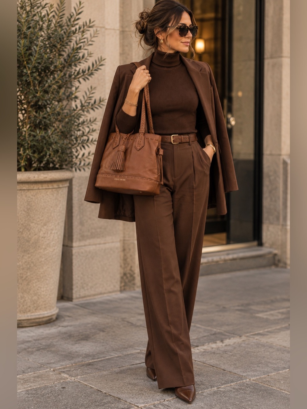 Cole Haan Cognac Brown Leather Tote with Braided Tassel